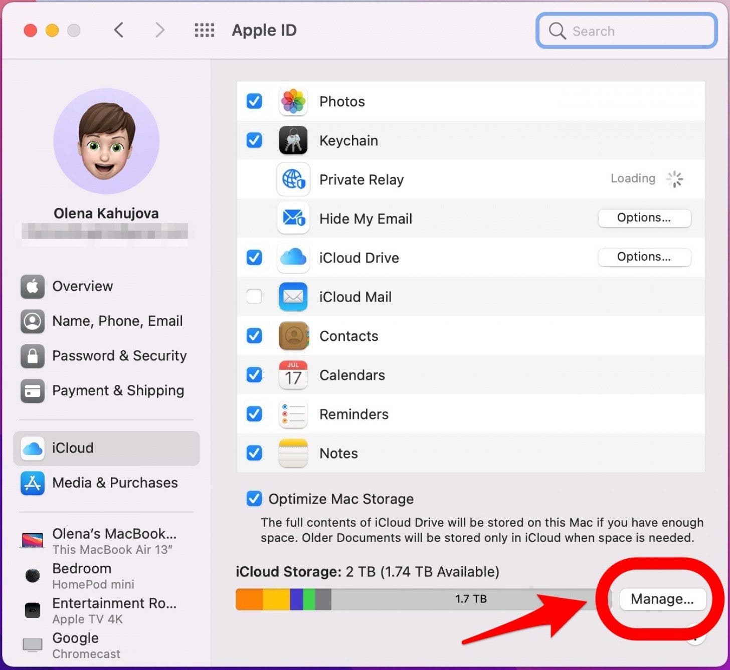 Click Manage - how to backup computer to icloud