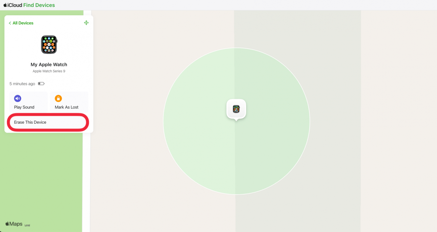 icloud find my website displaying apple watch details with a red box around erase this device