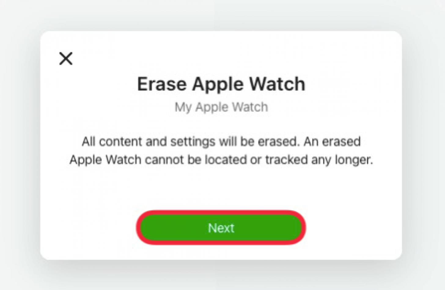 icloud find my website displaying erase apple watch confirmation screen