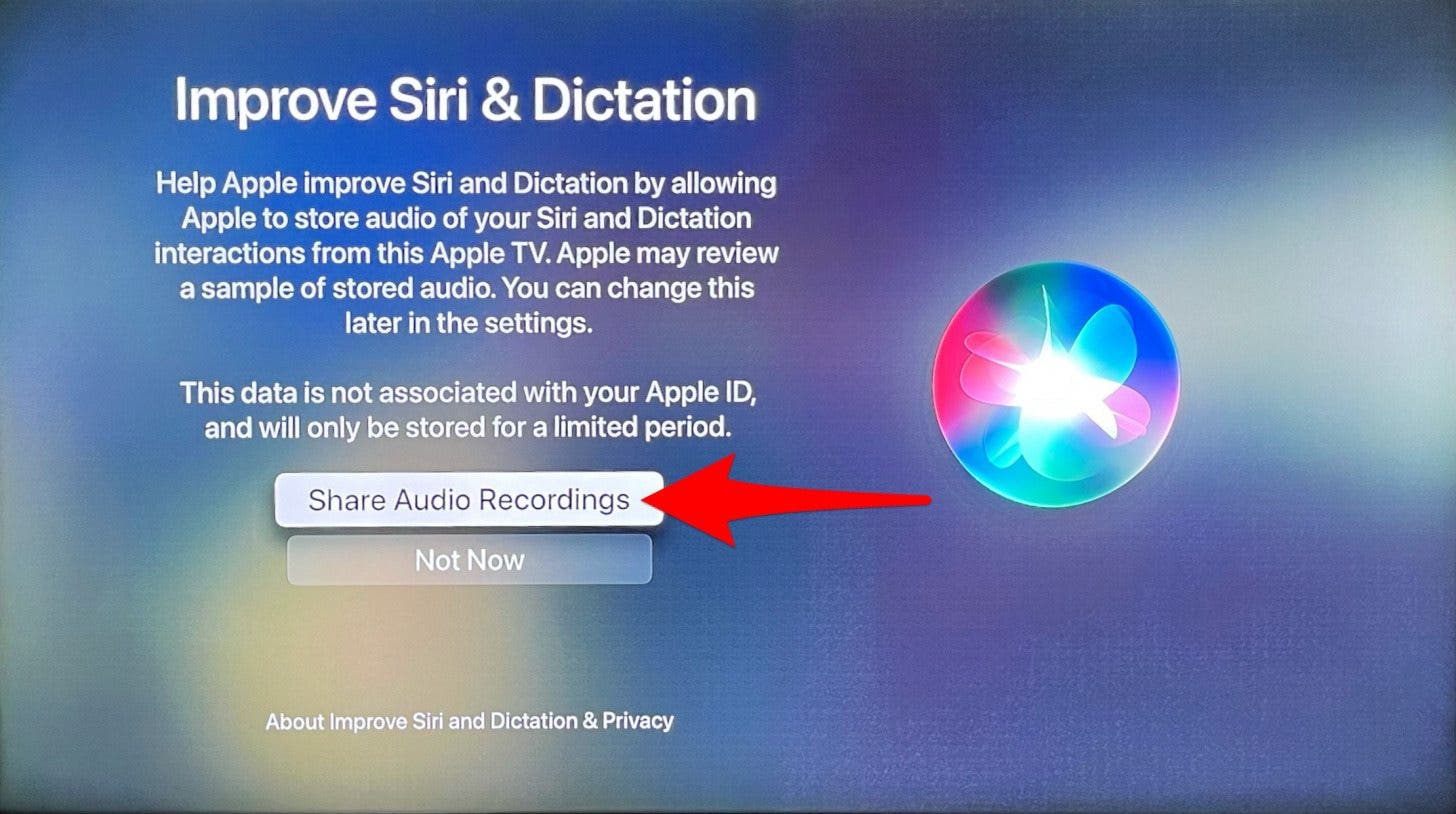 Finally, you'll be able to help Improve Siri & Dictation by clicking Share Audio Recordings.