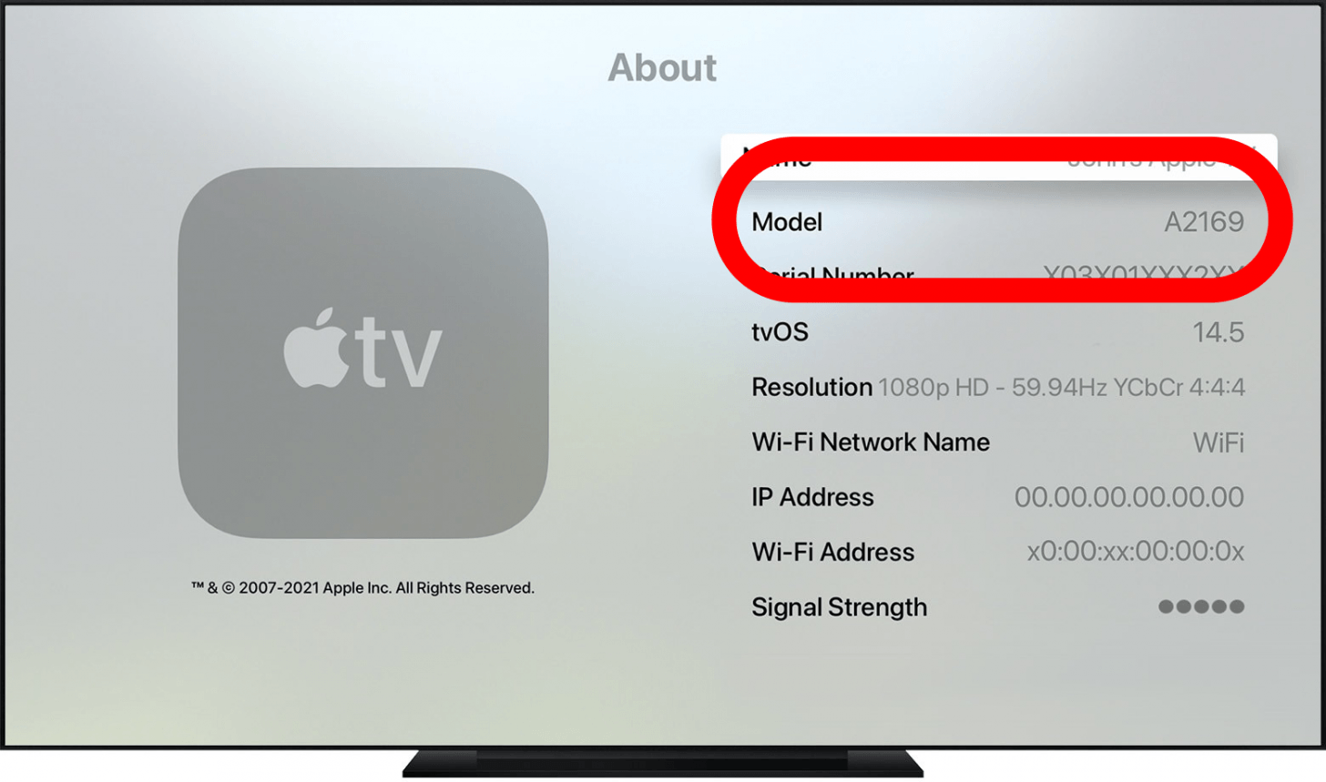 how to find apple tv model number in apple tv settings