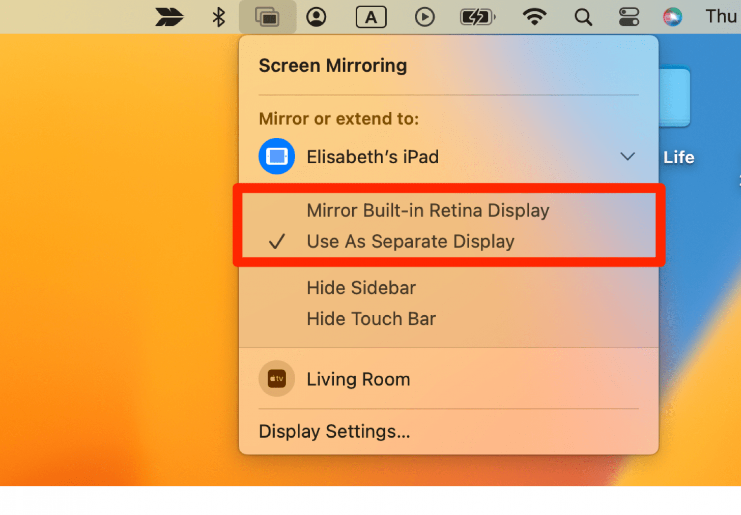 Click AirPlay icon and choose to mirror or extend display