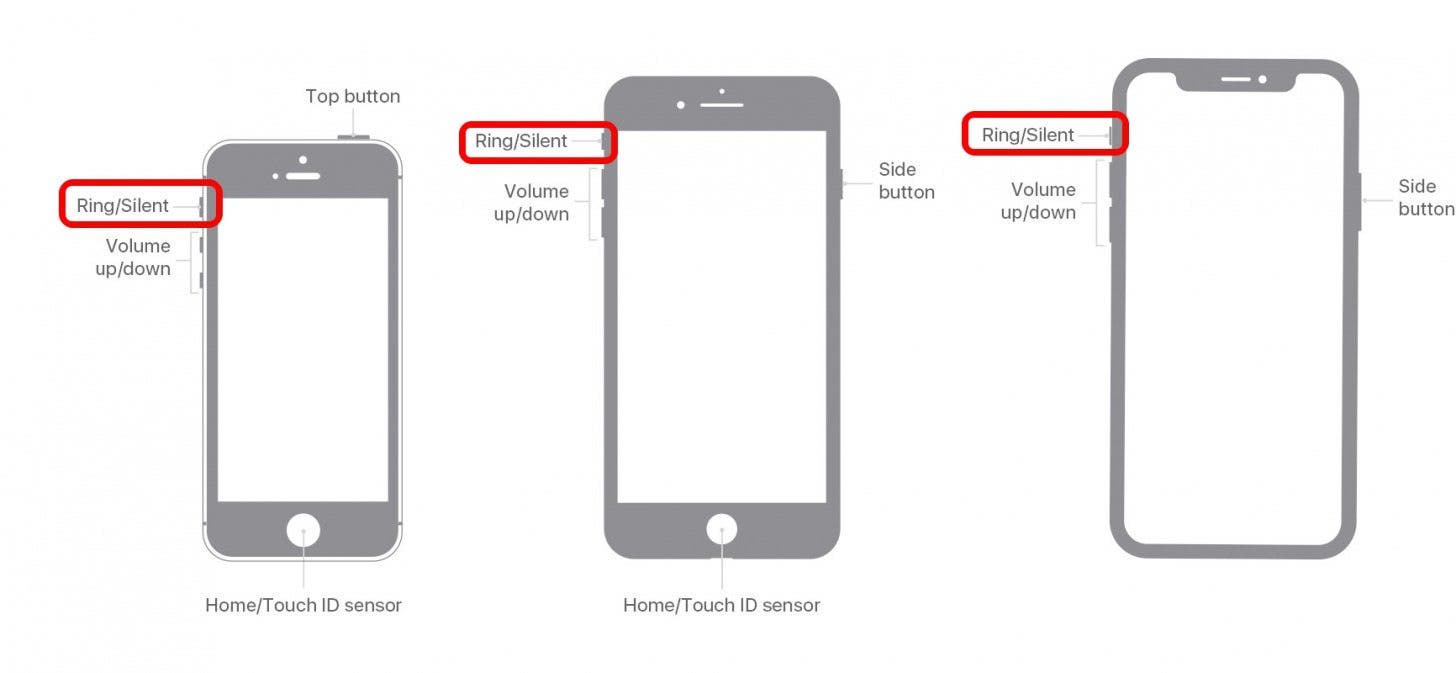 Diagram of iPhones showing side buttosn with Ring/Slient switches marked