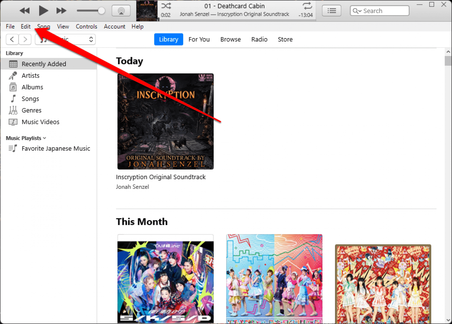 iTunes in the Library tab with the Edit menu marked.