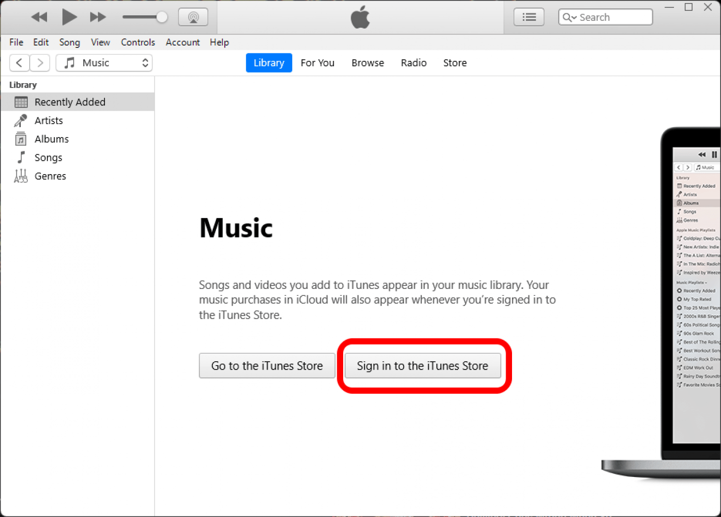 iTunes PC app signed out of the store with the sign in button marked.