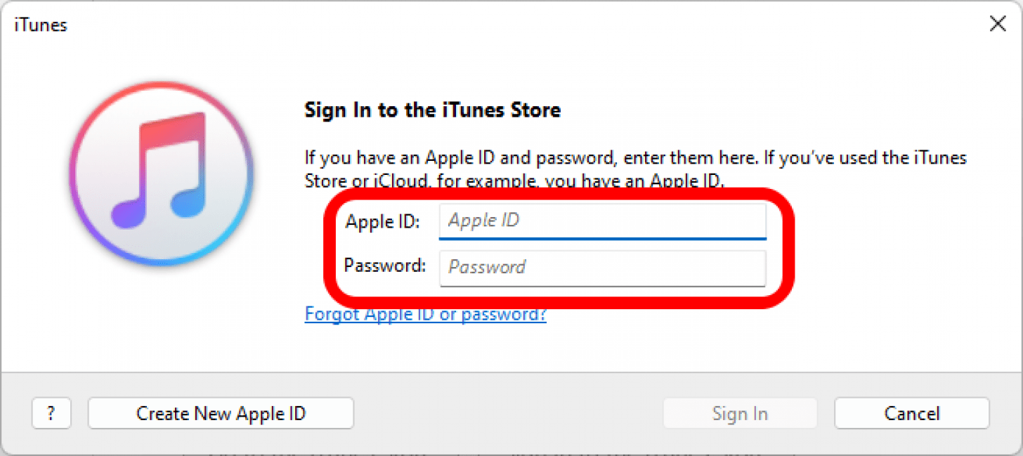 The sign in window in iTunes with the login information boxes marked.