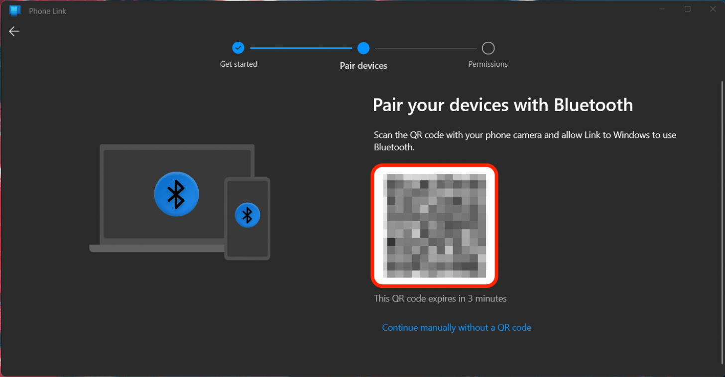 The Phone Link app will display a QR code.