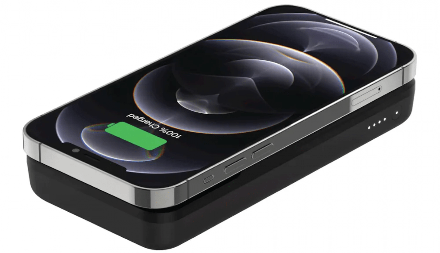 iPhone on an Belkin BOOSTCHARGE Magnetic Portable Wireless Charger 10K.