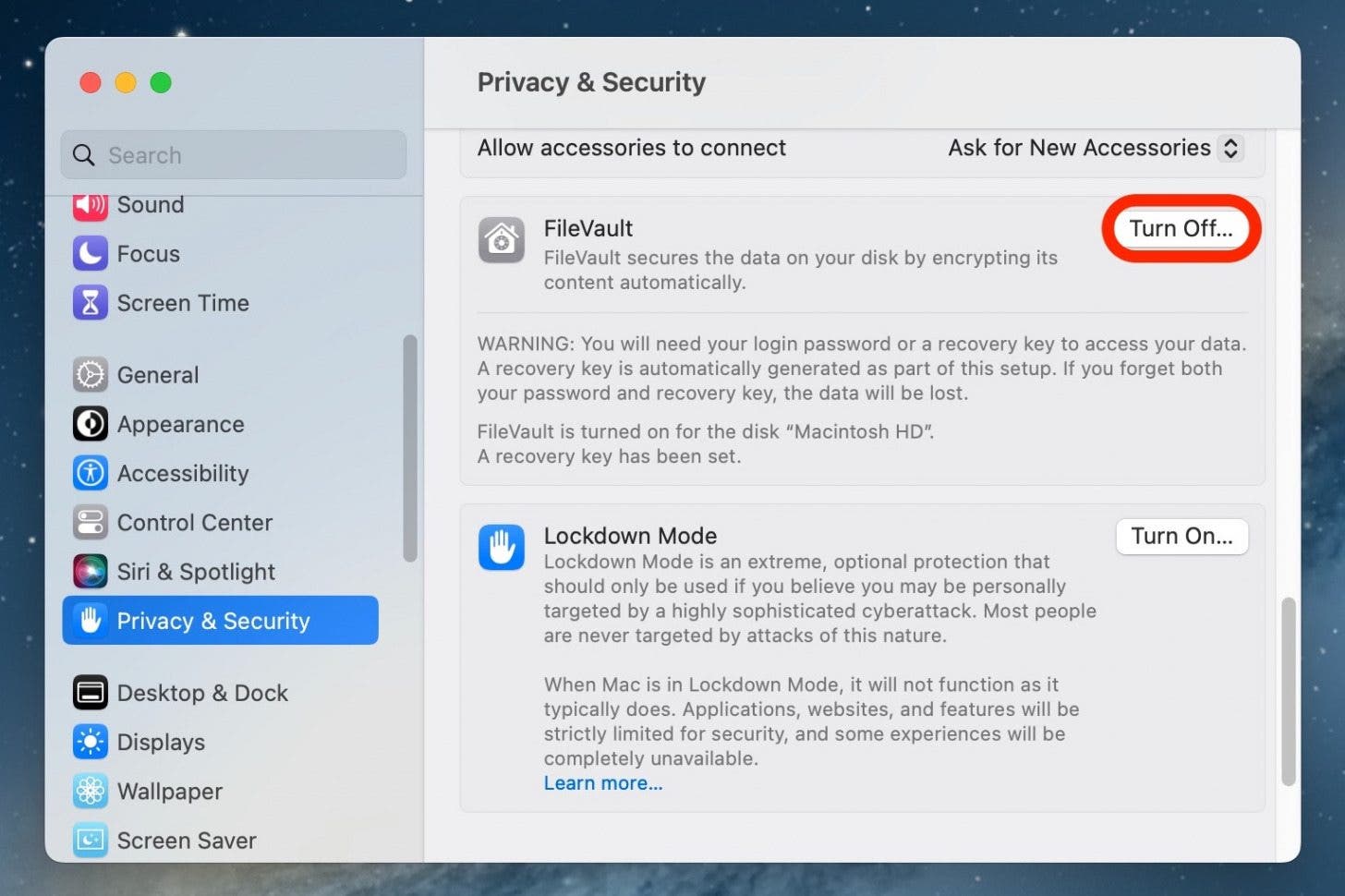 Scroll down to FileVault and click Turn Off.