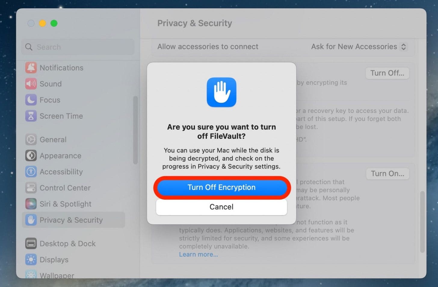 Then, click Turn Off Encryption to confirm.