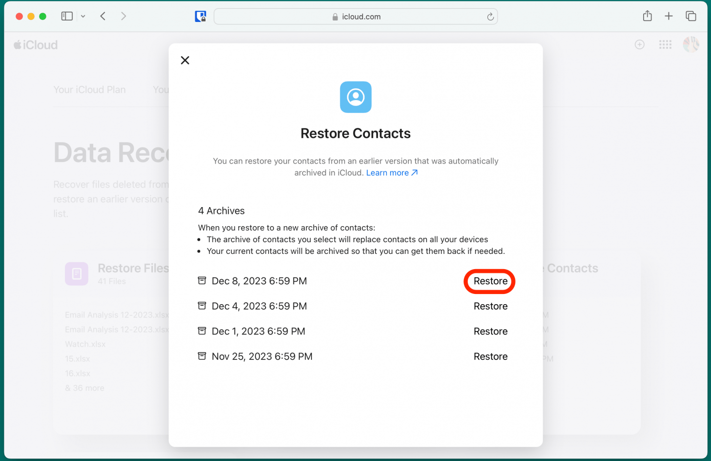 Click Restore to get back deleted contacts.