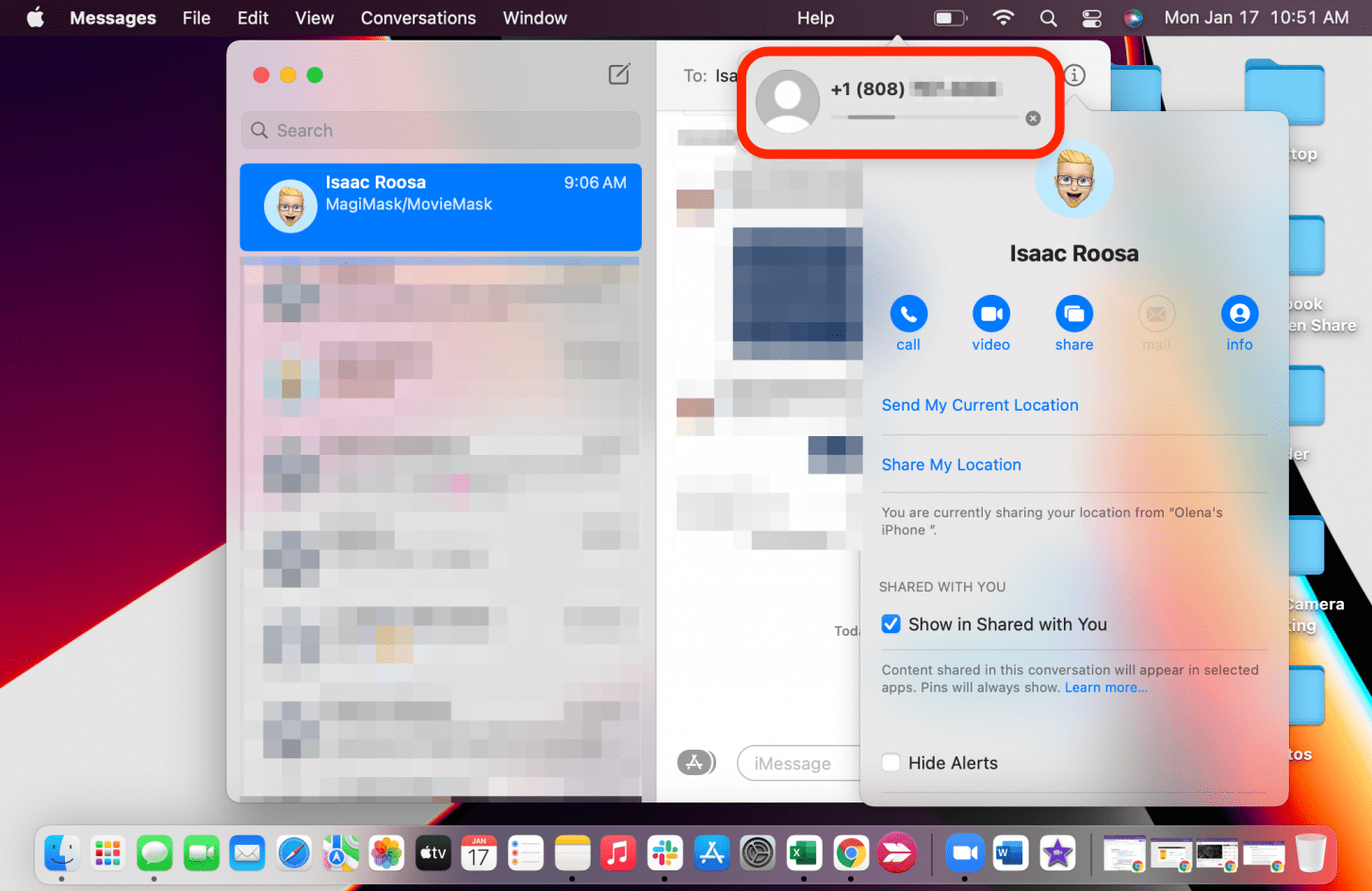 You will see their phone number pop up under the screen mirroring icon in your Mac’s Control Center.