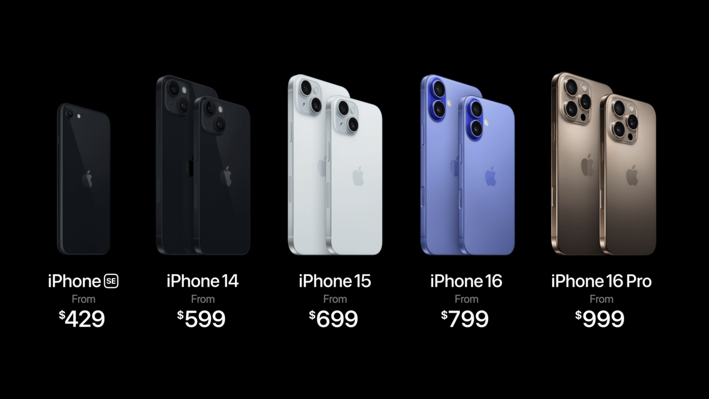 the current lineup of iPhones with their prices, showing iPhone SE from $429, iPhone 14 from $599, iPhone 15 from $699, iPhone 16 from $799, and iPhone 16 Pro from $999