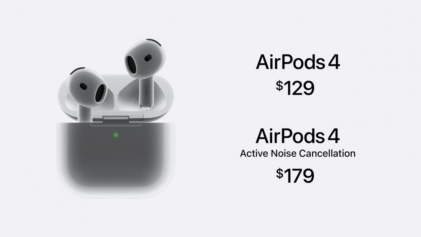 image of airpods 4 in their case. To the right, text reads, "AirPods 4 29" and underneath that, "AirPods 4 Active Noise Cancellation 79"