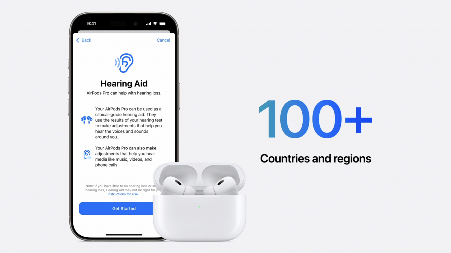 Image of an iphone displaying information about using the AirPods Pro 2 hearing aid feature with a pair of AirPods Pro 2 in their case next to the phone