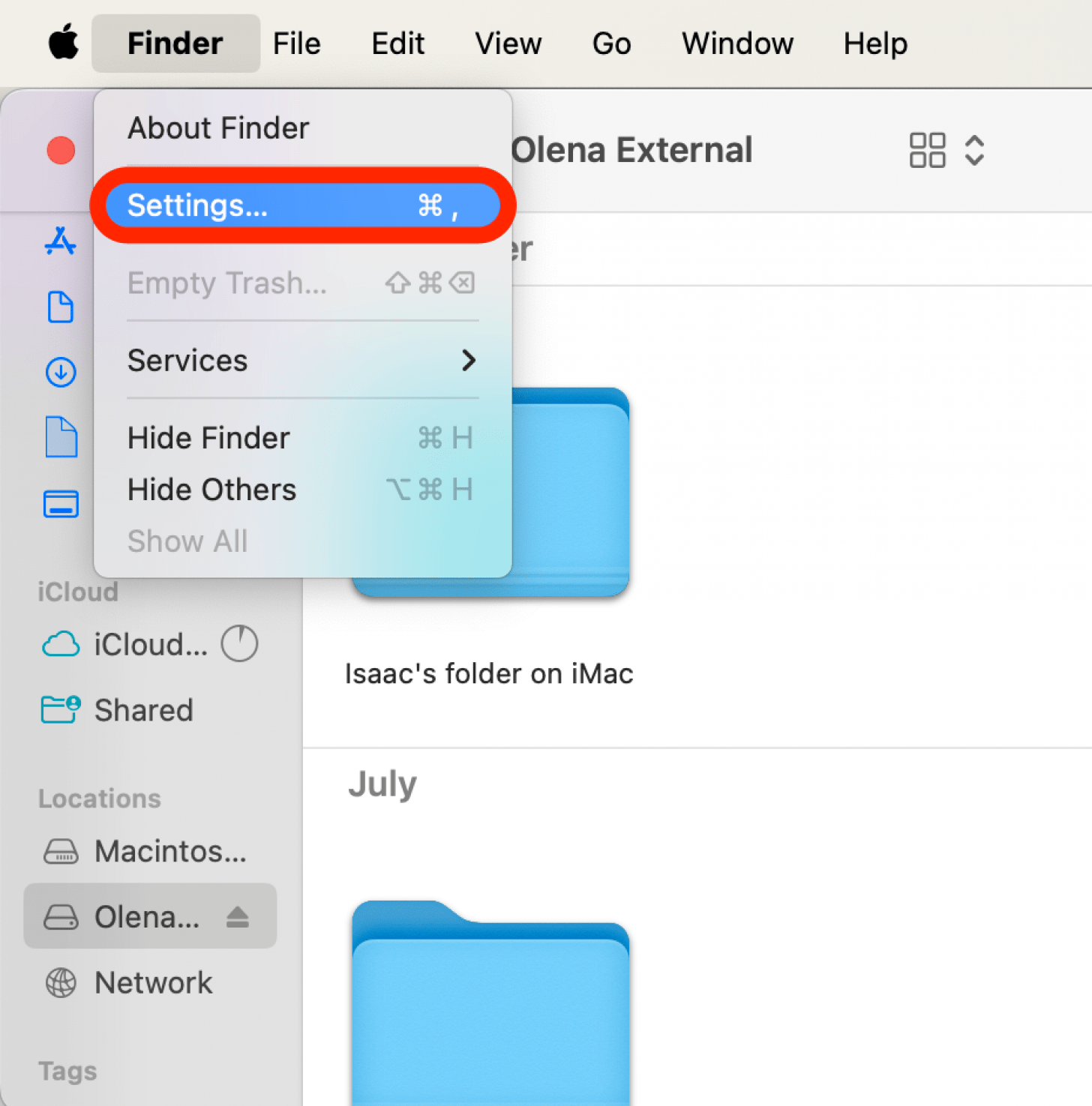 If you don't see the Pictures folder as an option in the Home folder, open Finder then click on Finder in the Menu bar and click Settings.