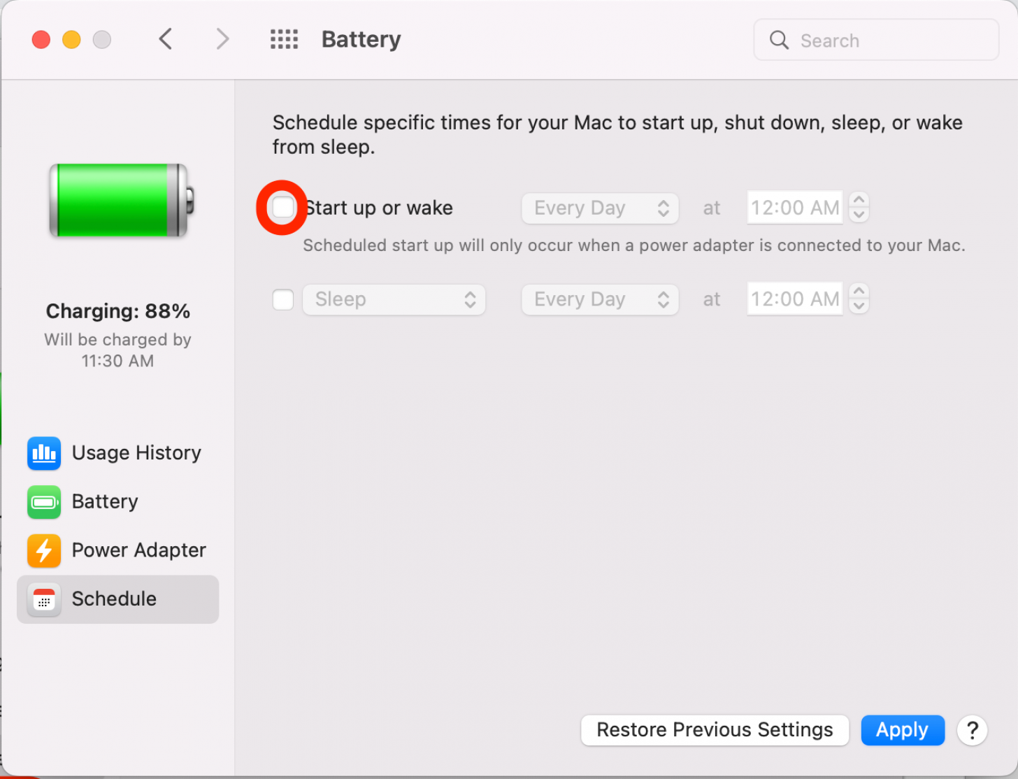 Here you can schedule your Mac to wake up and/or go to sleep automatically at certain times. If you want this, check the box for Start up or wake.