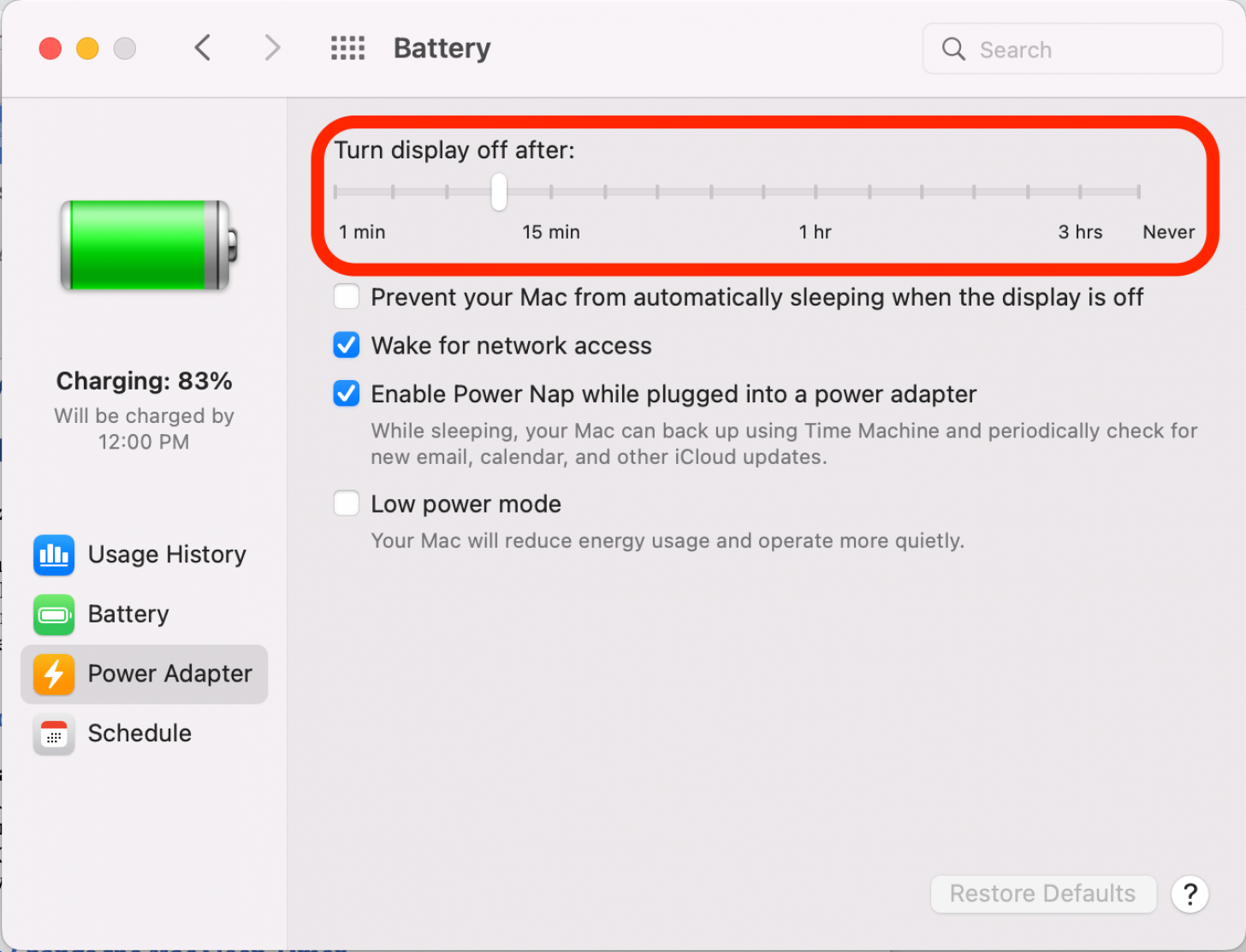 Click and drag the slider for Turn the display off after: to the duration you want. The first one was for when your Mac is running on battery power; this one is for when the power adapter is plugged in.