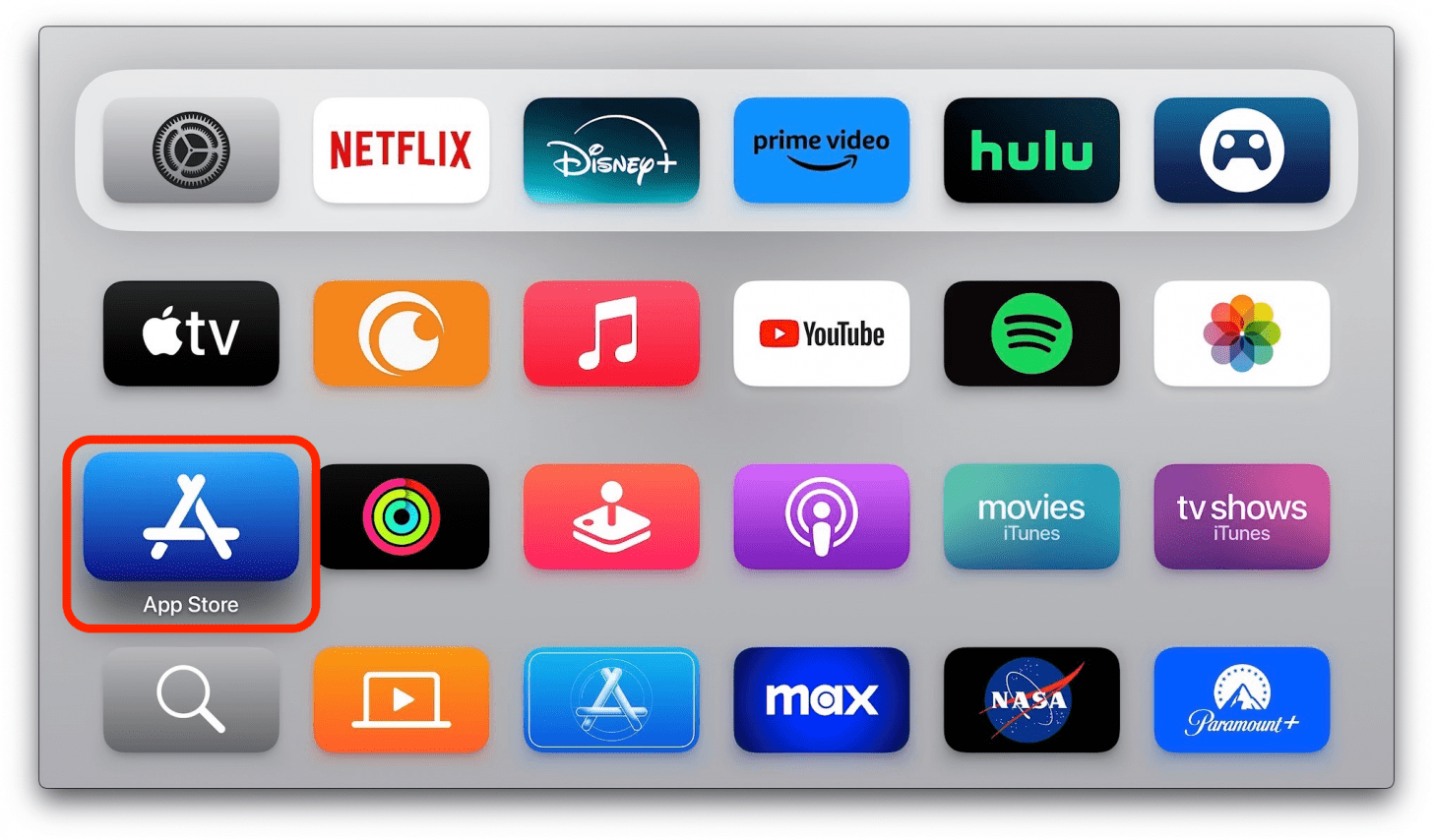 Turn on your Apple TV and navigate to your App Store.