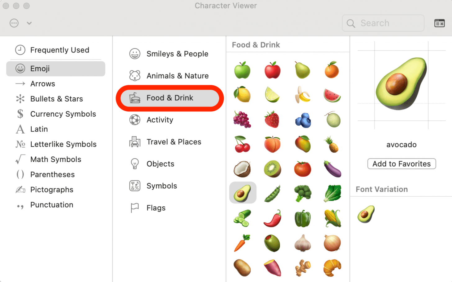 Click on each section in the second column to see different emoji categories, such as Food & Drink.