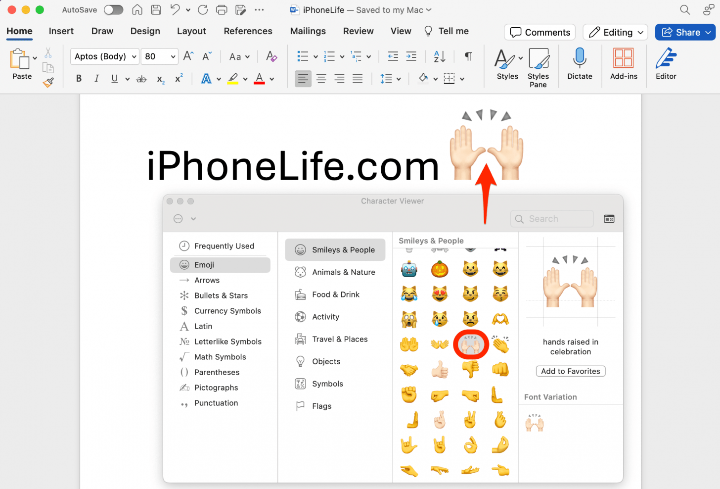 Double-click an emoji to insert it into your document.