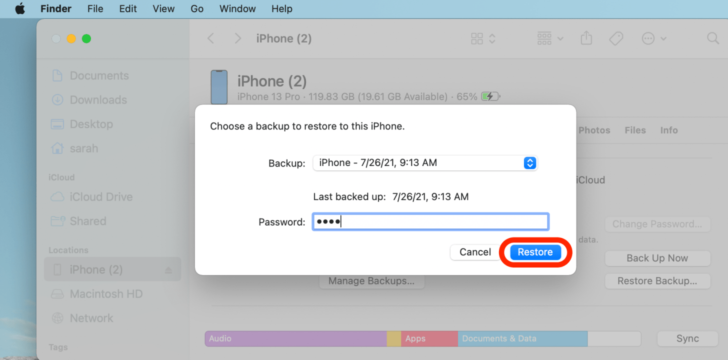 how long does it take to restore iphone from finder