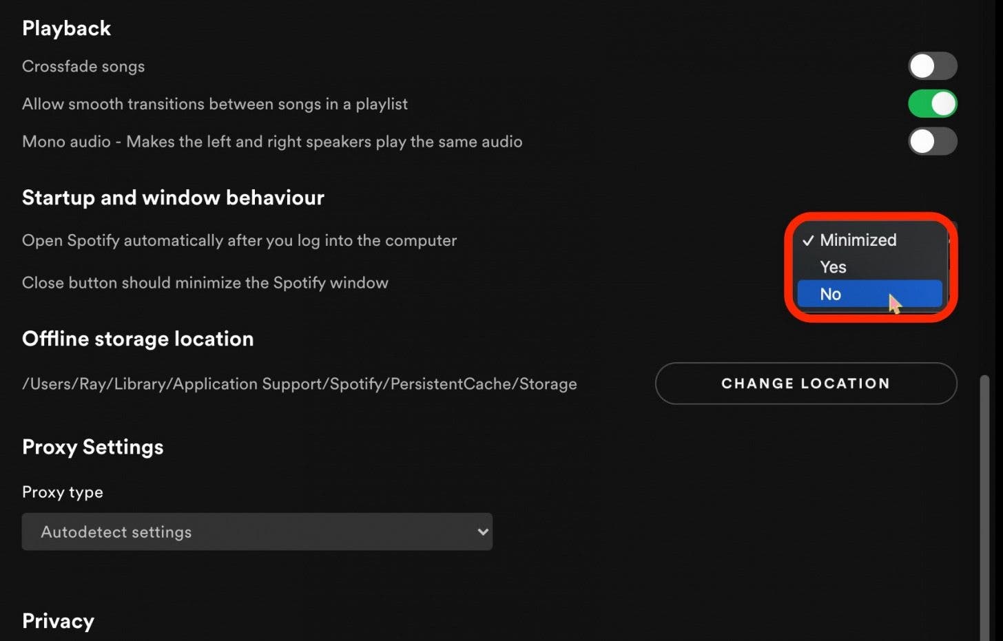 Scroll down to Start Up and Window Behavior, and in the drop down menu next to Open Spotify Automatically After You Log into the Computer select No.