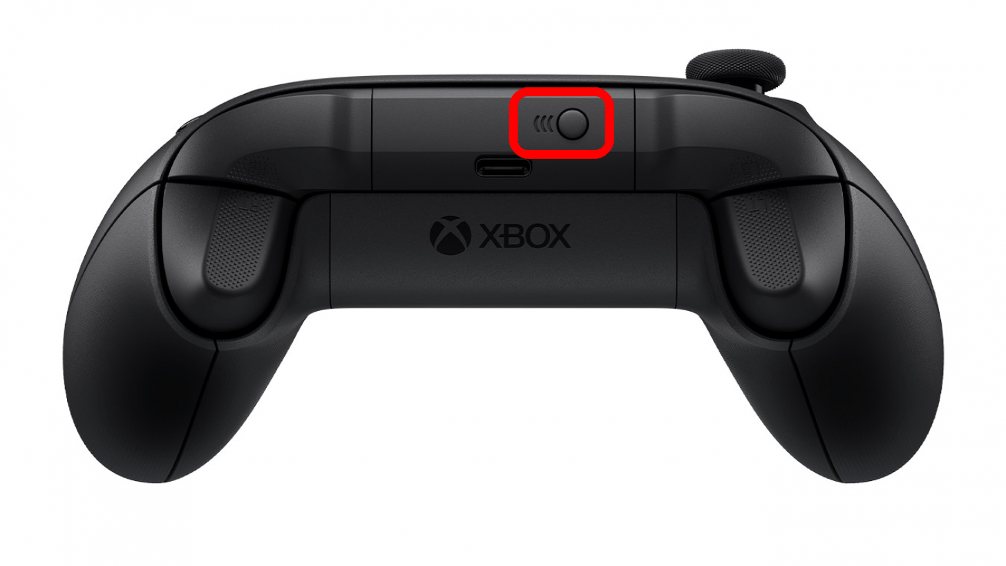 Xbox controller top view with pair button marked.