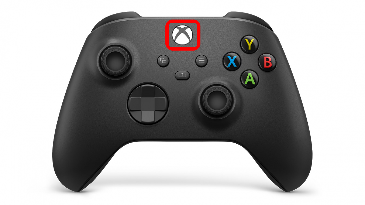 Xbox controller front view with Xbox button marked.