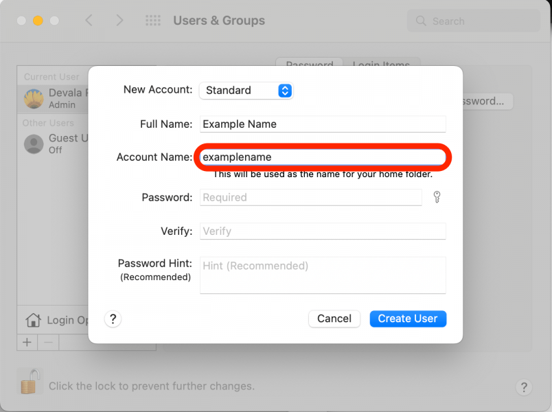 Enter the Account Name that you would like to use for the account's home folder.