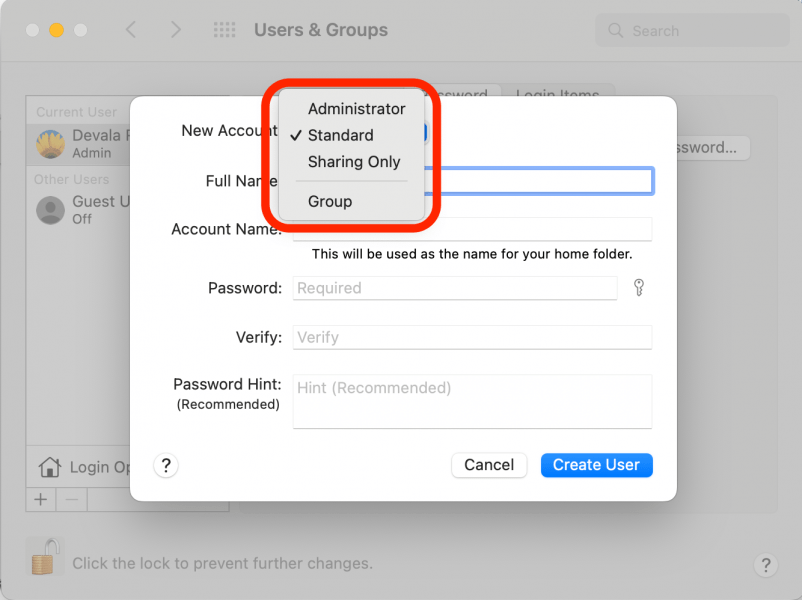 Click the New Account: dropdown and select whether you want to create an Administrator, Standard account, Sharing Only account, or a Group. See below the steps for a brief overview of the differences.