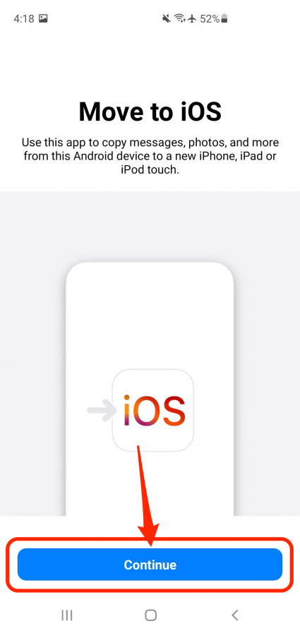 Tap Continue - how to switch from android to iphone