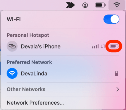 Under Personal Hotspot, see the name of your iPhone and look at the battery indicator to the right to see how much battery charge your iPhone has remaining.