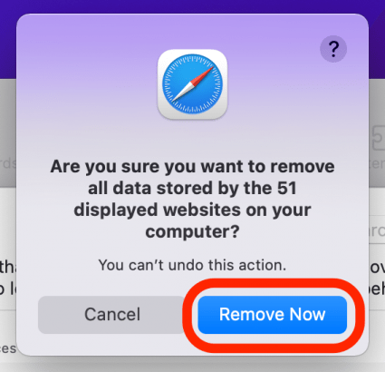 click remove now to clear cache on apple safari