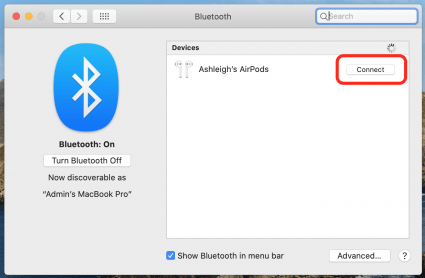 Press Connect on Bluetooth Preferences to pair AirPods to Mac computer.