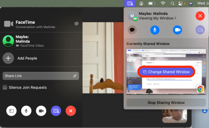 If you want to change what window you’re sharing, at any time you can click Change Shared Window.