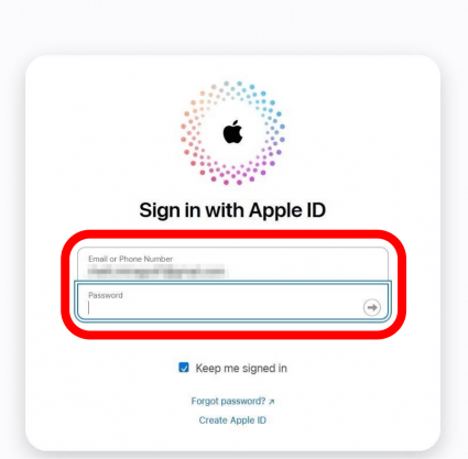 icloud.com sign in page with email address and password fields circled in red