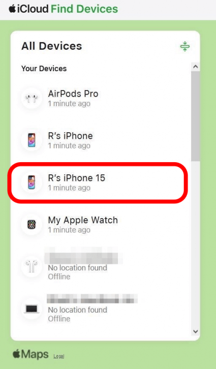 icloud find my page displaying a list of devices with the iphone 15 circled in red