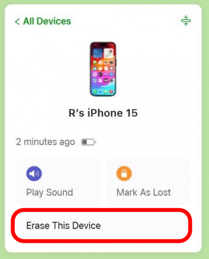 icloud find my page displaying details for an iphone 15, with a red circle around the erase this device button