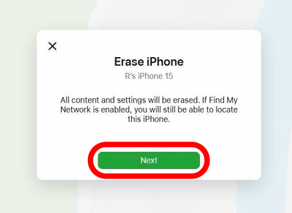 icloud find my page with erase iphone window open and a red circle around the "Next' prompt