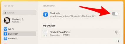 Check the status under Bluetooth, and confirm that your Mac is discoverable. If the white cirlcular toggle is on to the right, you know that Bluetooth is on. If it's not, click the toggle to turn it on.