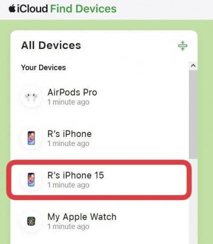 icloud find my website displaying a list of devices with a red box around iPhone 15