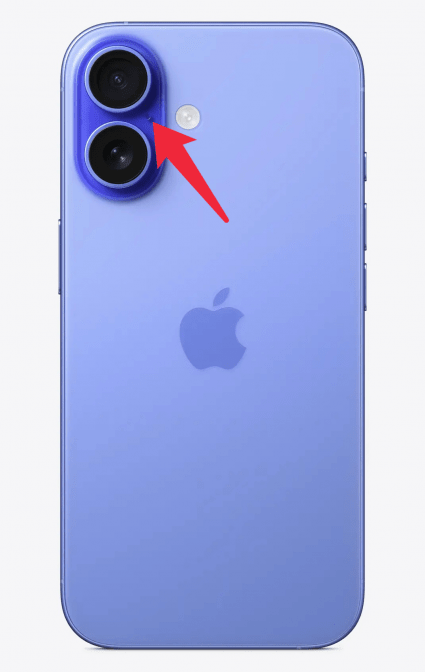 a back view of the iphone 16 with a red arrow pointing to the location of the microphone between the two camera lenses