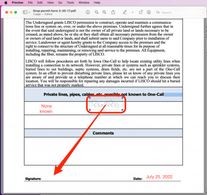 Your signature will appear in the center of the PDF. Click on it and drag it to where you want it.