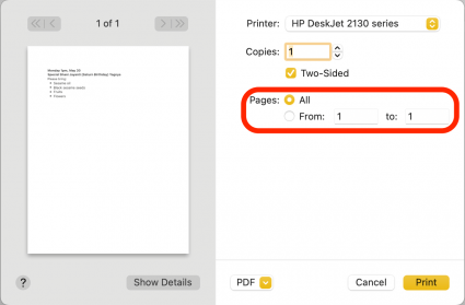 If you want to print only certain pages, enter the start and end pages of the section you want to print; otherwise you can select All to print the whole document.