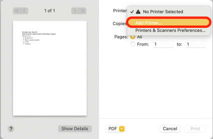 If you haven’t printed from this app before, then you’ll need to click Add Printer…