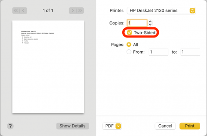 Check the Two-Sided checkbox if you want to print on both sides of the paper, or leave it unchecked if you want to print on only the front of each paper.