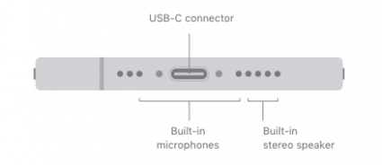 a diagram of the bottom of the iphone 16, indicating where the microphone and charging ports are located