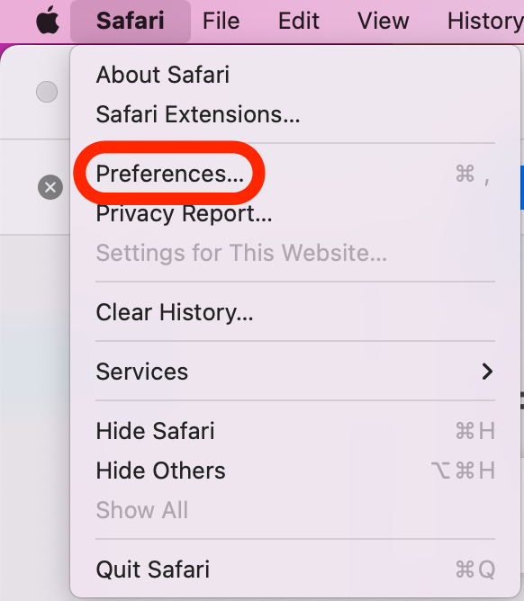 Once the extension is installed, go into the Safari dropdown menu and click Preferences…