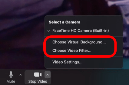 choose virtual background or video filter